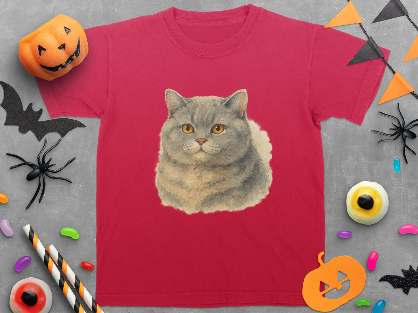 Cute Cat Graphic on Red T-Shirt Halloween product type