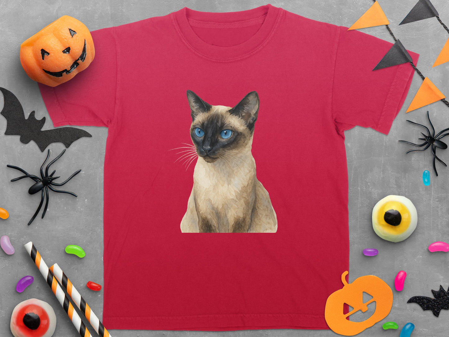Halloween Siamese Cat T-Shirt with Colorful Candies product type