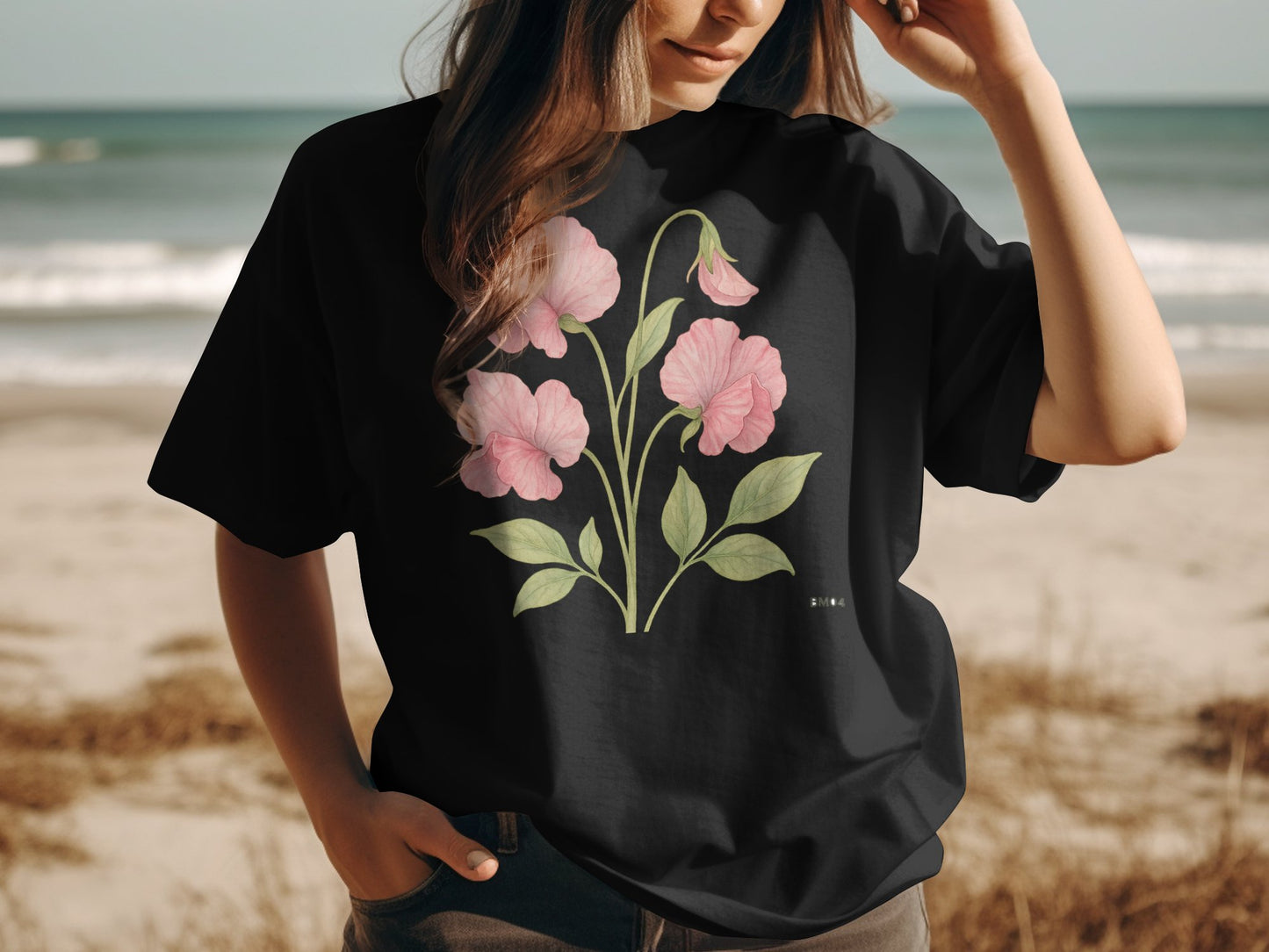 Elegant Floral Print Black Tee Shirt Product