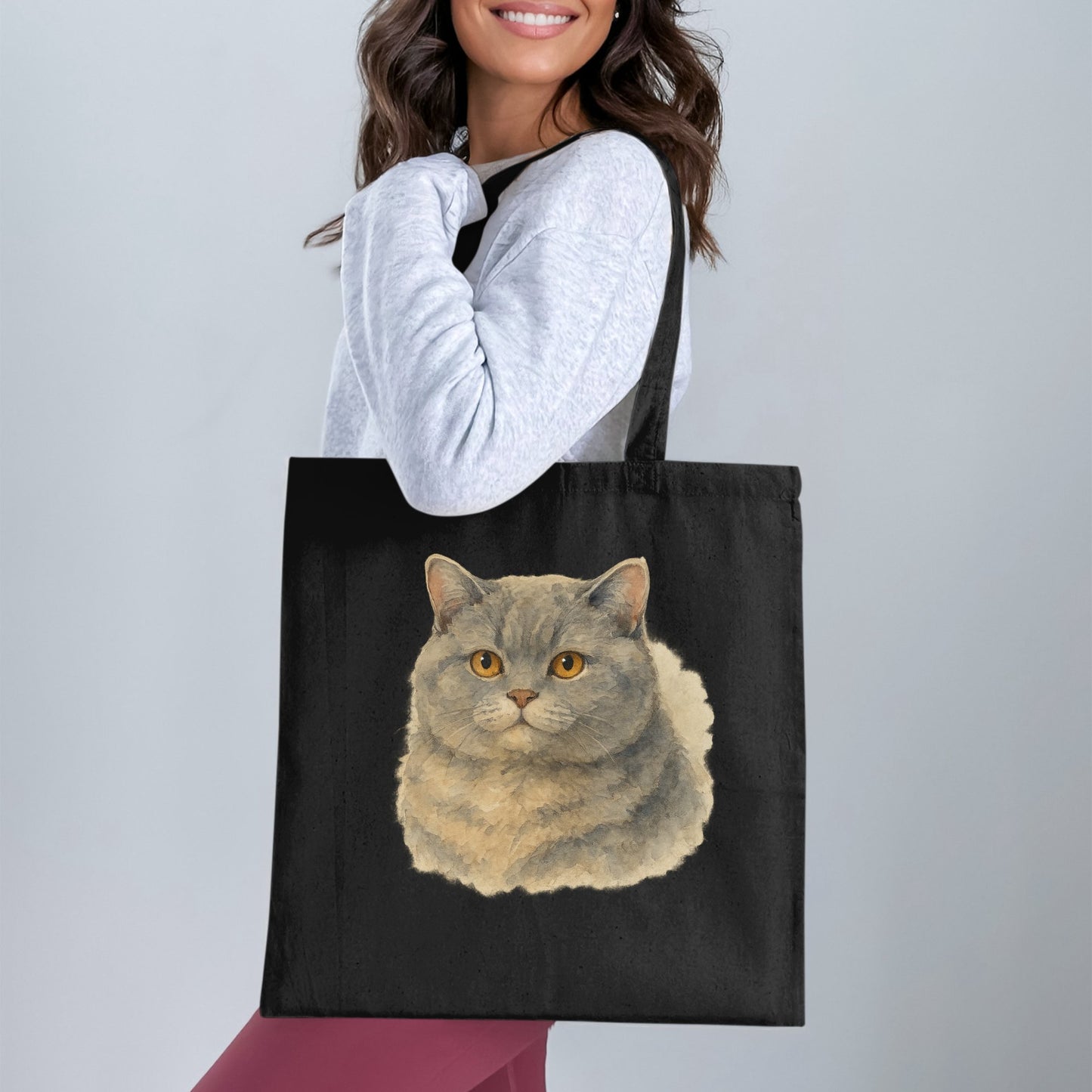 Cute Gray Cat Print Black Tote Bag product