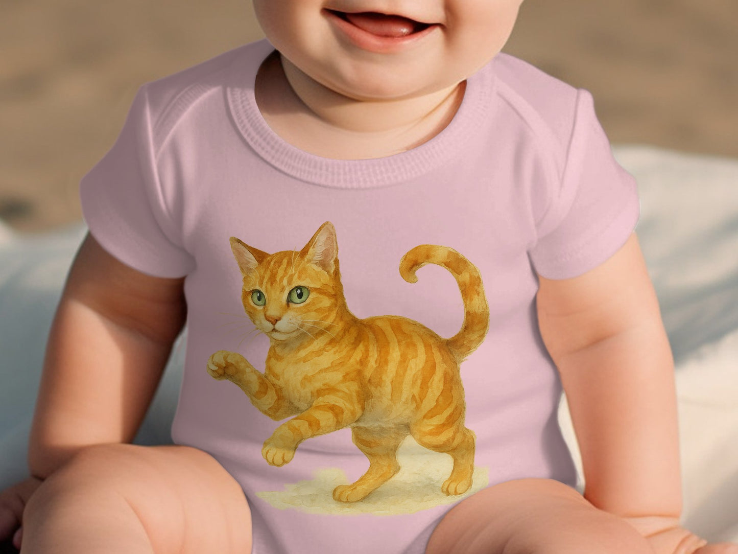Cute Smiling Infant with Playful Cat Design product type