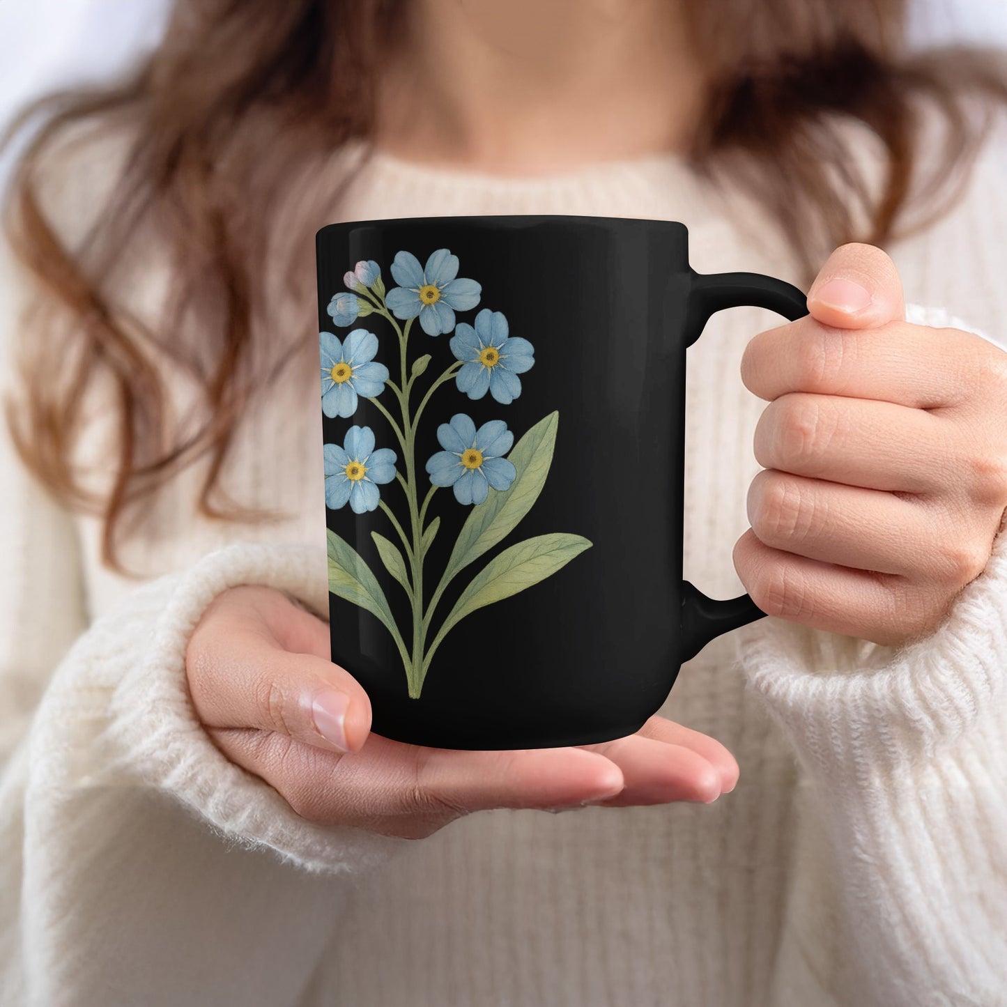Elegant Black Mug with Blue Floral Design product type