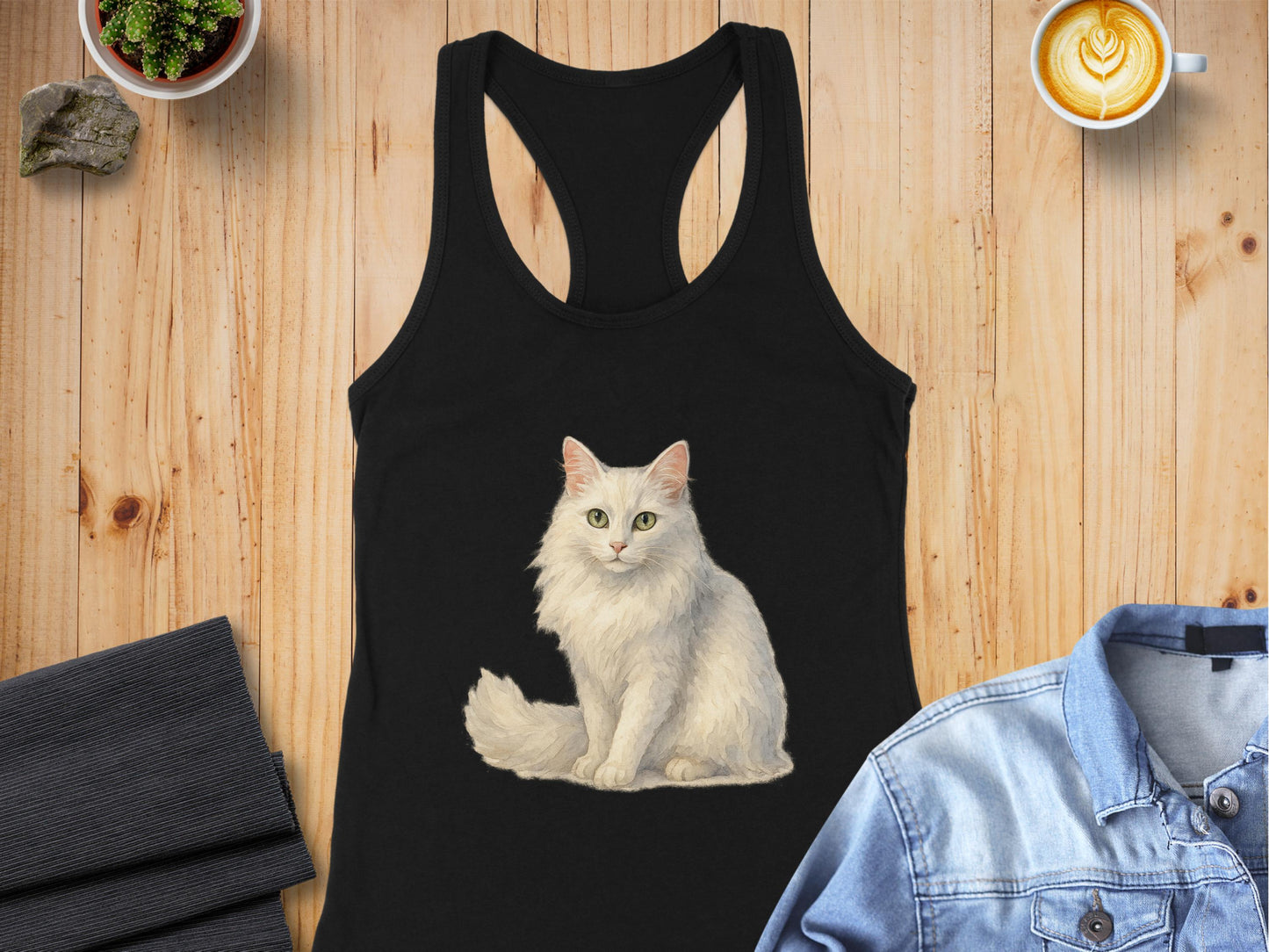 Cute Furry White Cat Illustration on Stylish Tank Top Product