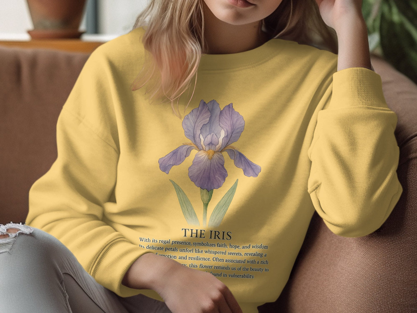 Elegant Yellow Sweatshirt with Iris Flower Print product type