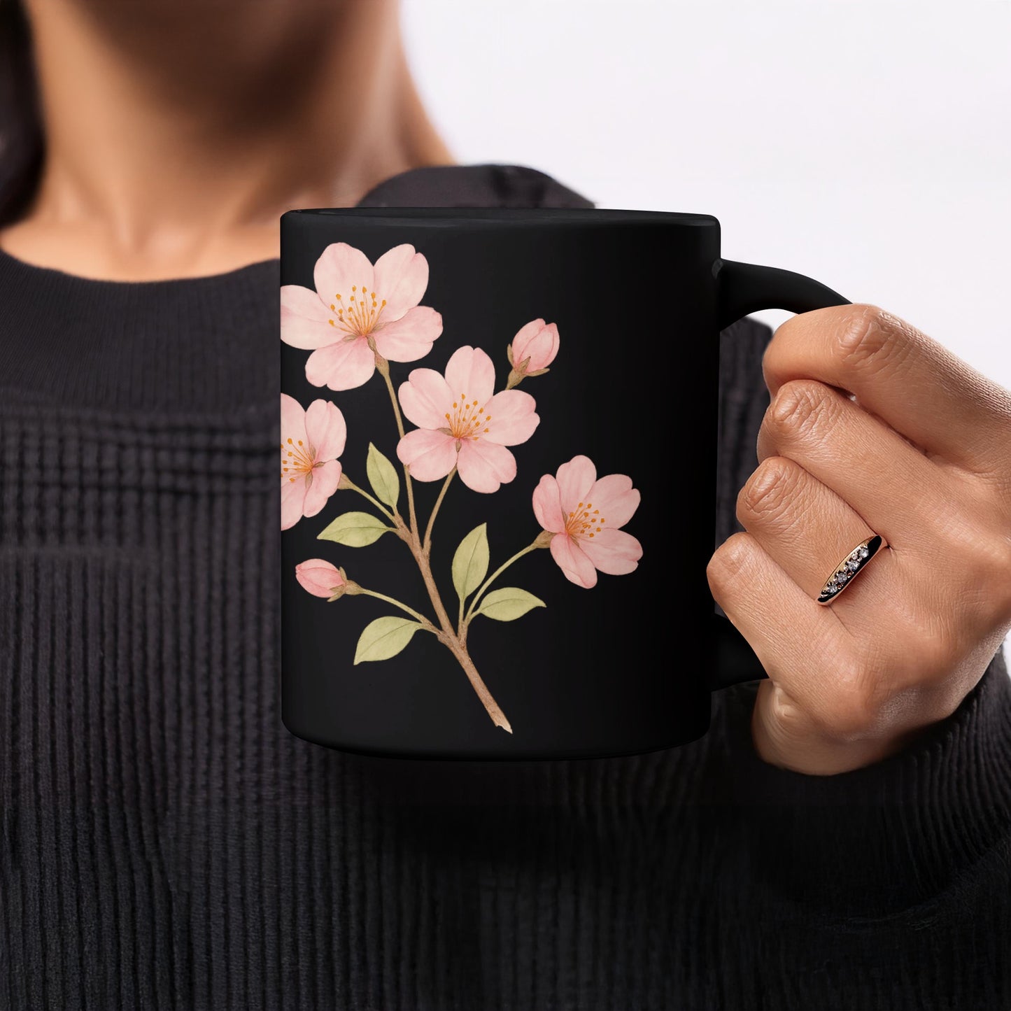 Elegant Floral Bloom Pattern Black Coffee Mug product