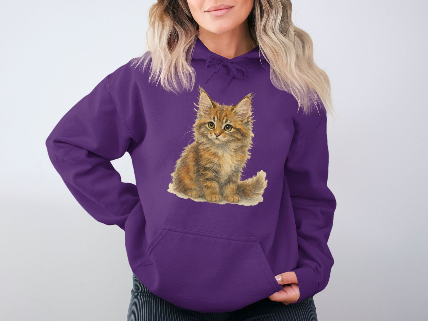 Cute Fluffy Cat Printed on Cozy Purple Hoodie product type