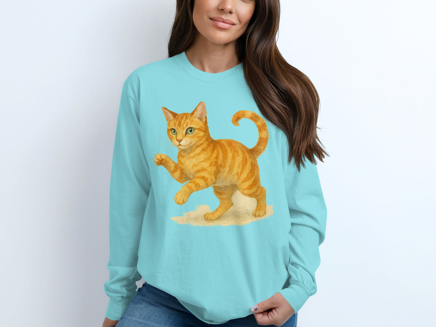 Playful Orange Cat Illustration Long Sleeve Shirt product
