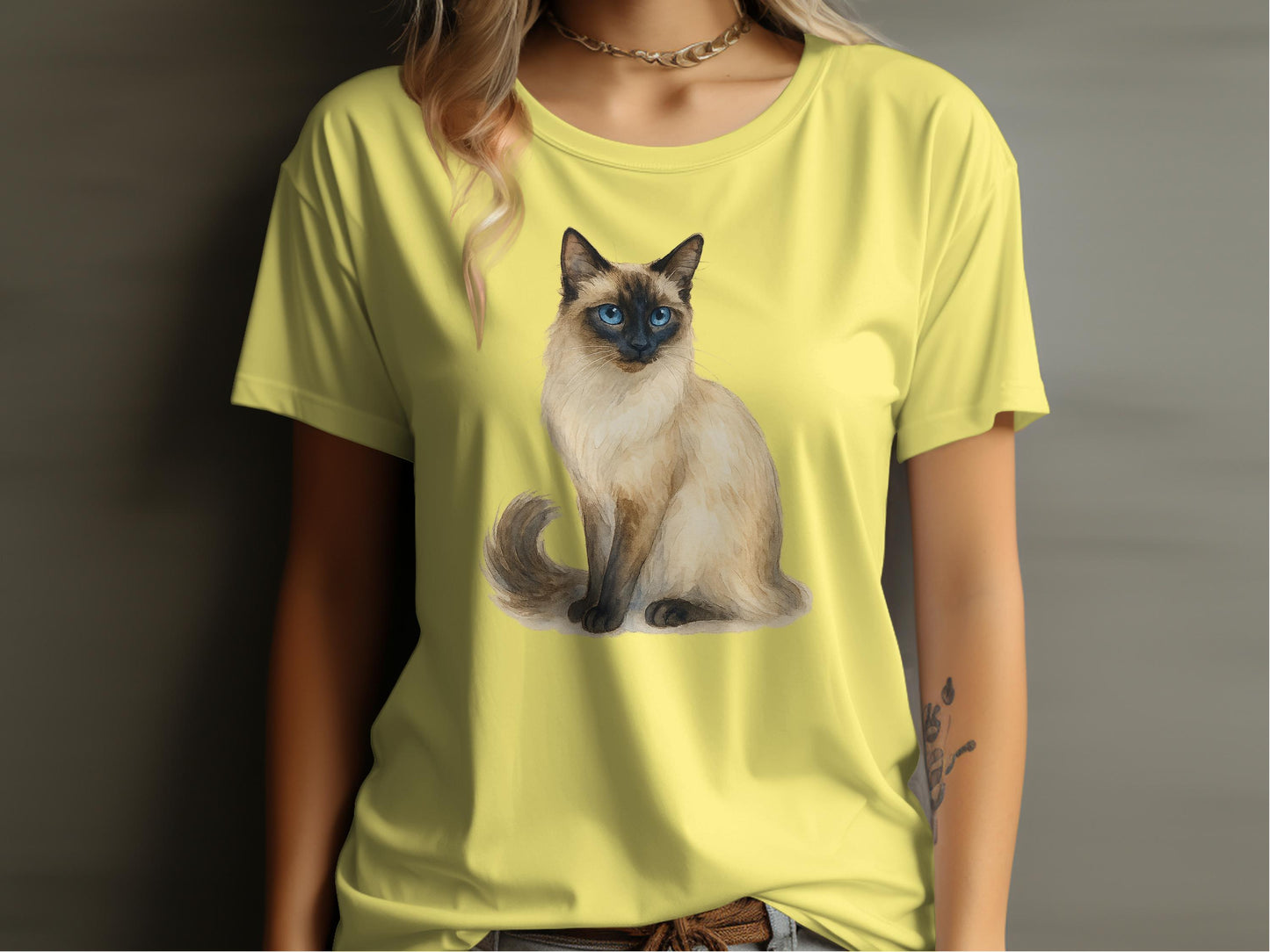 Cute Siamese Cat Illustration on Light Yellow Shirt product