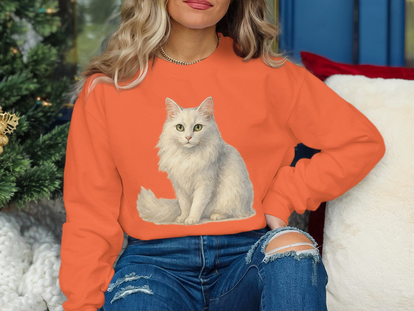 Fluffy White Cat on Orange Cozy Sweatshirt product