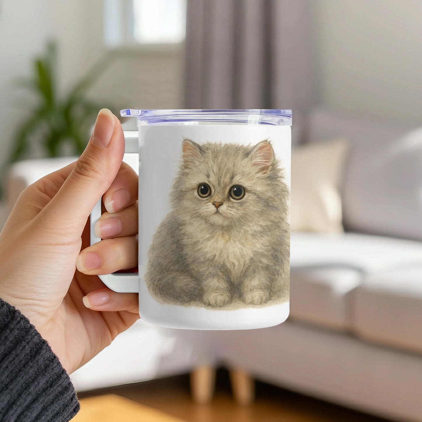 Adorable Fluffy Kitten Design Insulated Mug product type