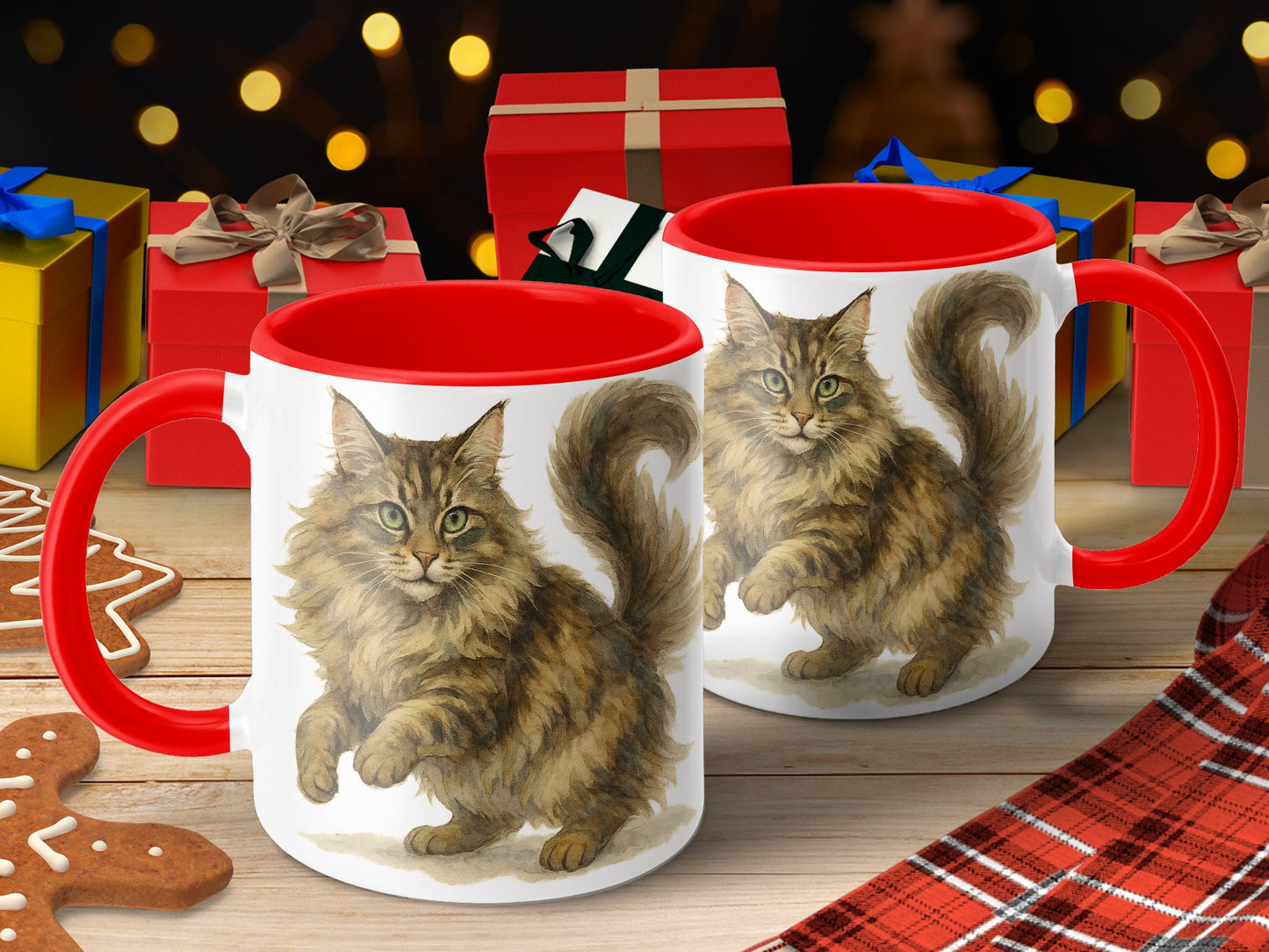 Christmas Cat Illustration with Red Handle Mug product