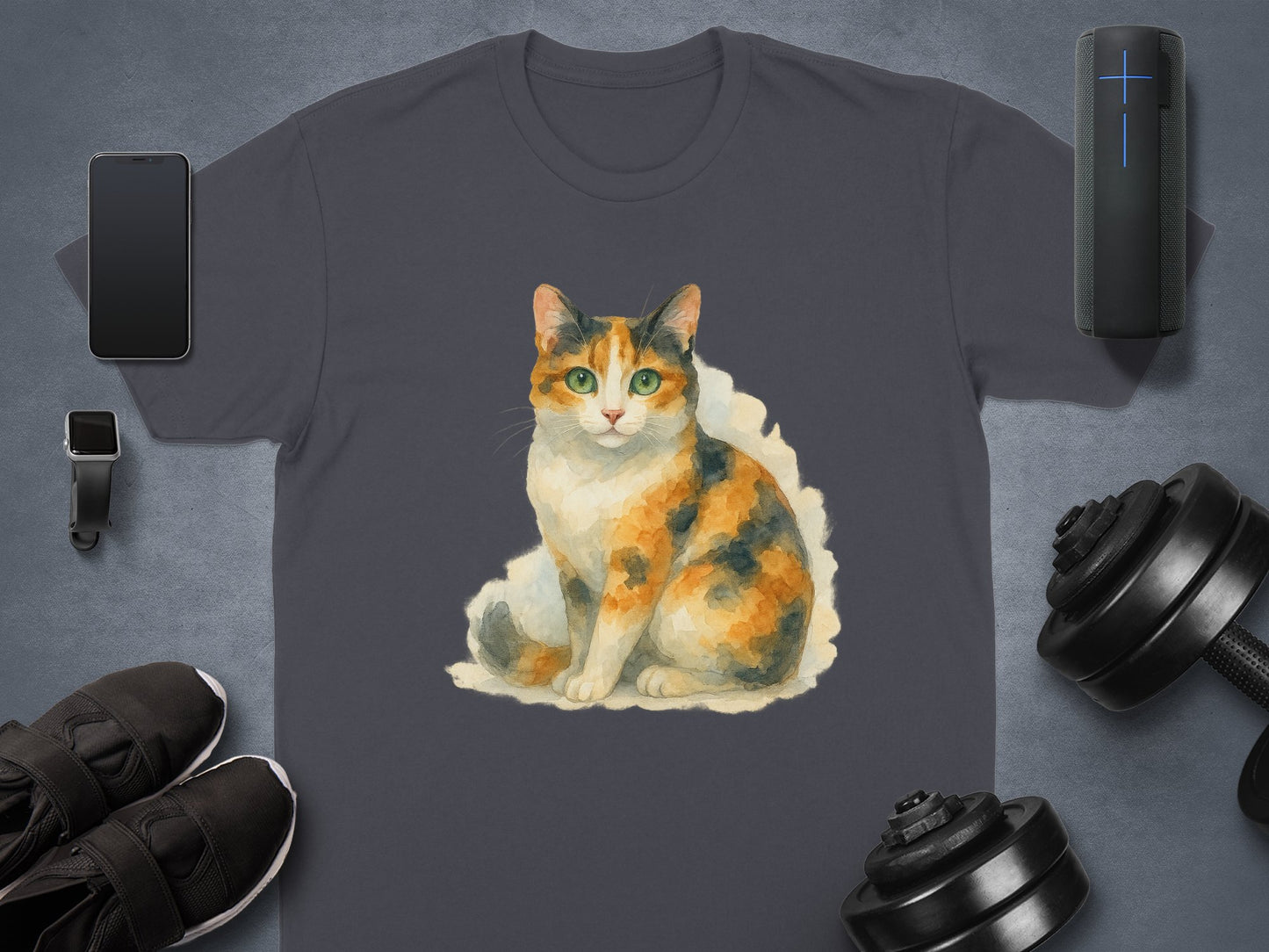 Colorful Cat Graphic Design on Dark Gray T-Shirt product