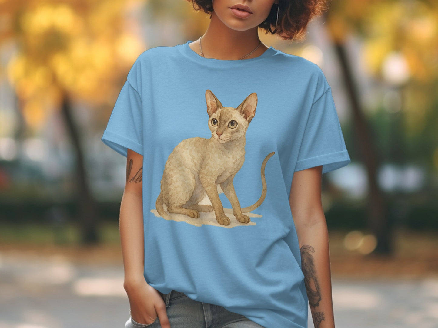 Blue T-shirt with Illustration of Sitting Cat product type