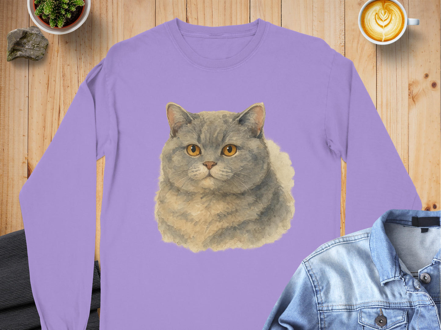 Cute Cat Graphic Design on Purple Long Sleeve Shirt product