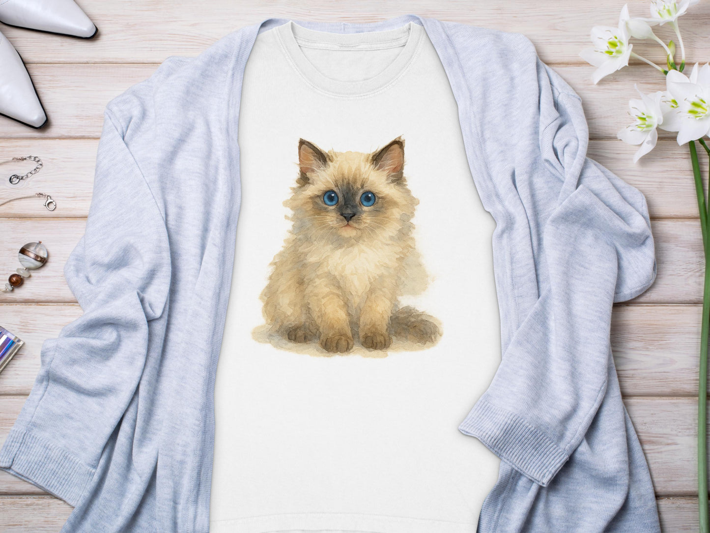 Cute Fluffy Kitten Illustration on White T-Shirt product