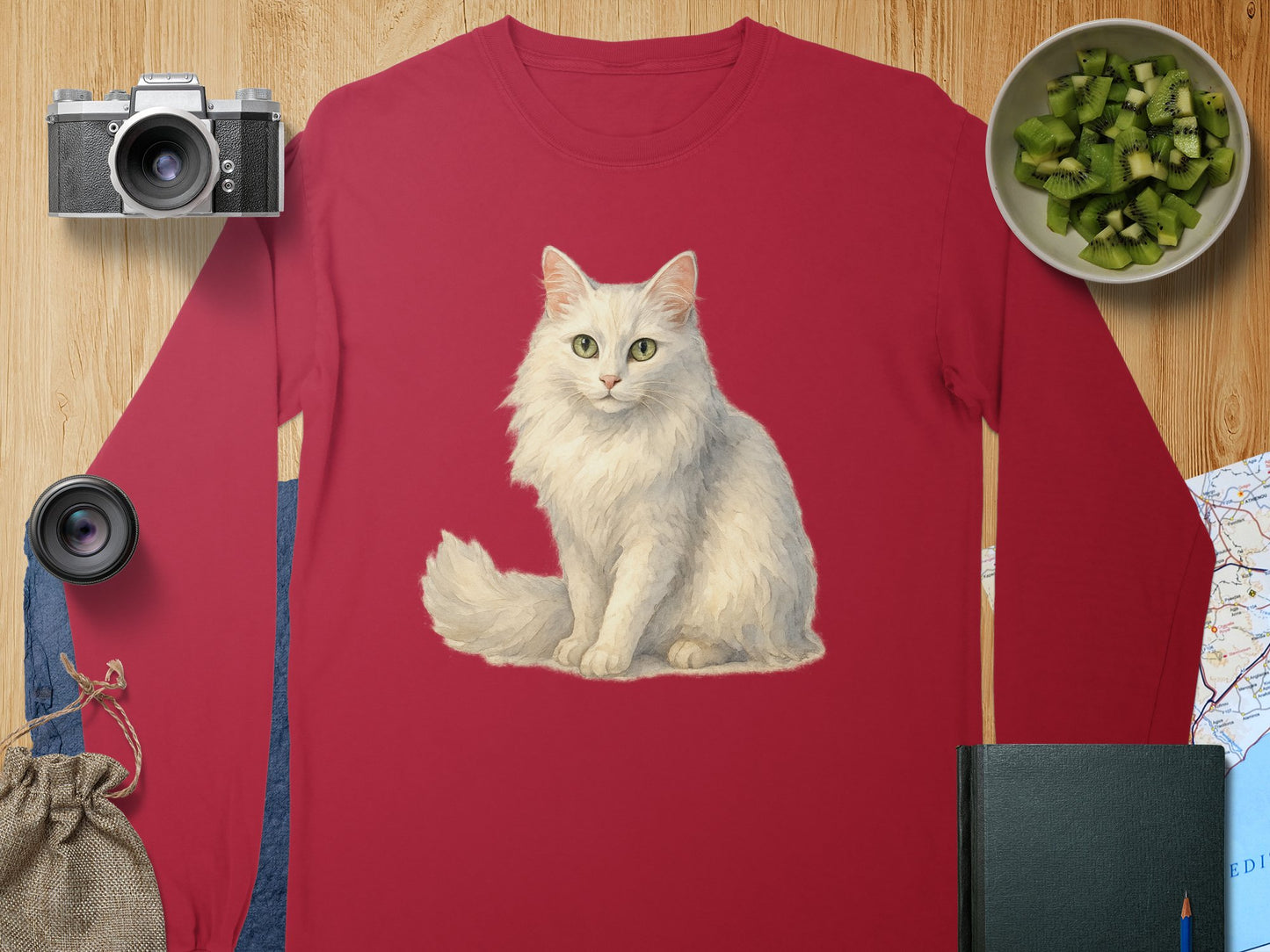 Adorable White Cat Print on Red Long Sleeve Shirt product