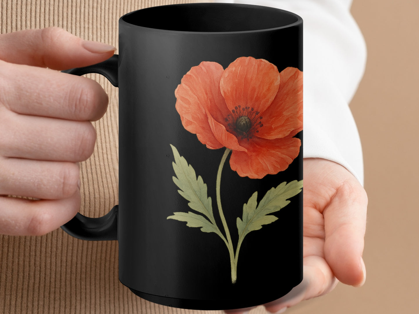 Vibrant Red Poppy Design Black Mug for Coffee Tea product