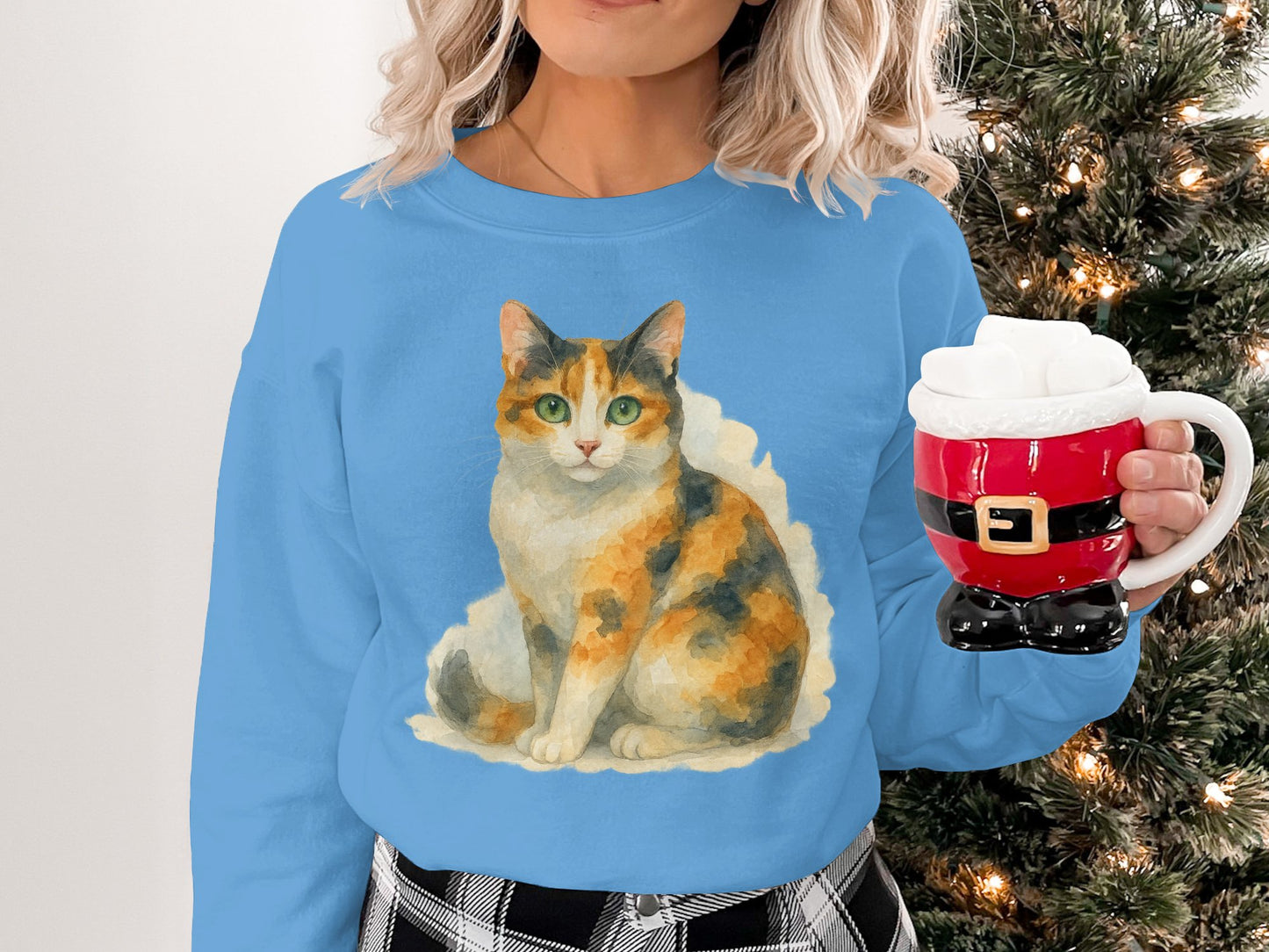 Cozy Blue Sweatshirt with Calico Cat Design product type