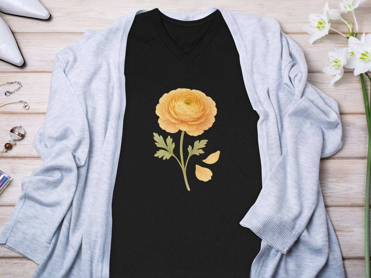 Yellow Flower Graphic Design V Neck Shirt product