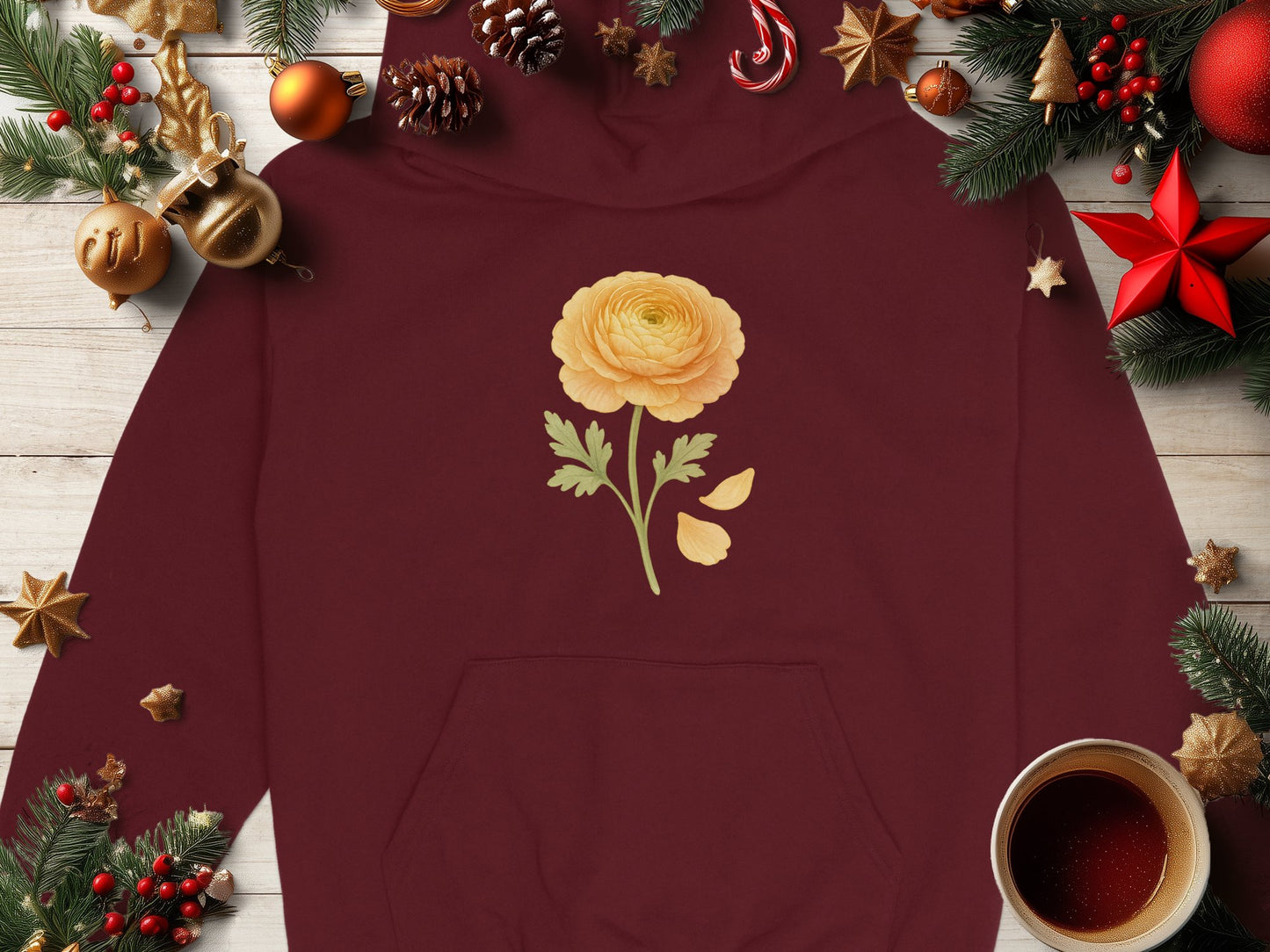 Festive Yellow Floral Design Burgundy Hoodie product