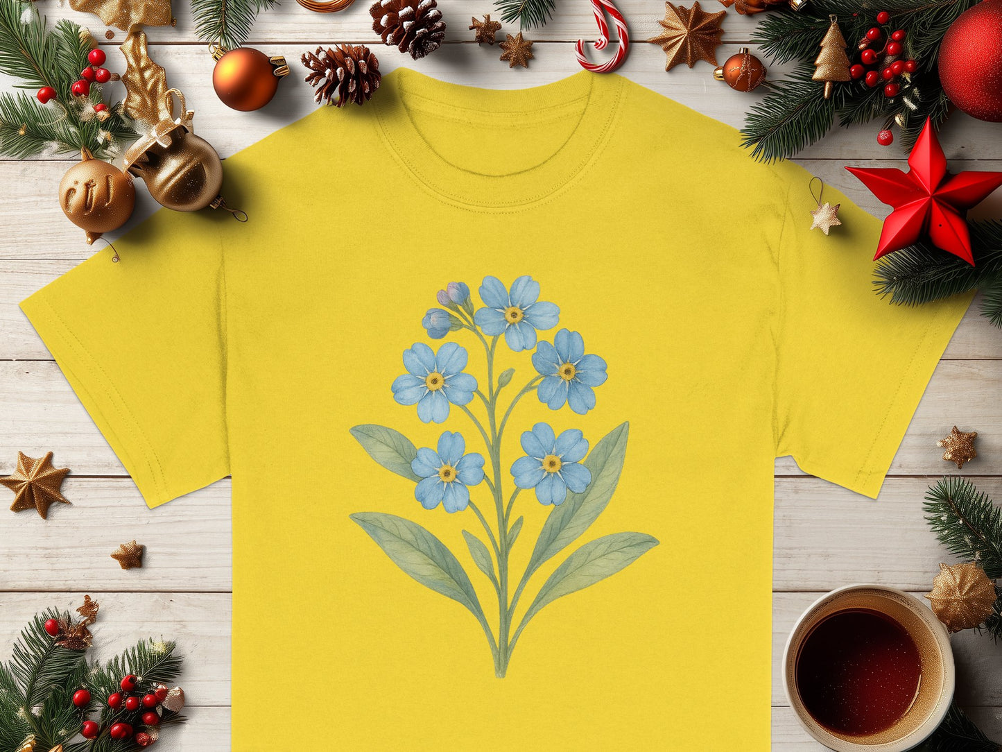 Festive Yellow T-shirt with Blue Flower Design product