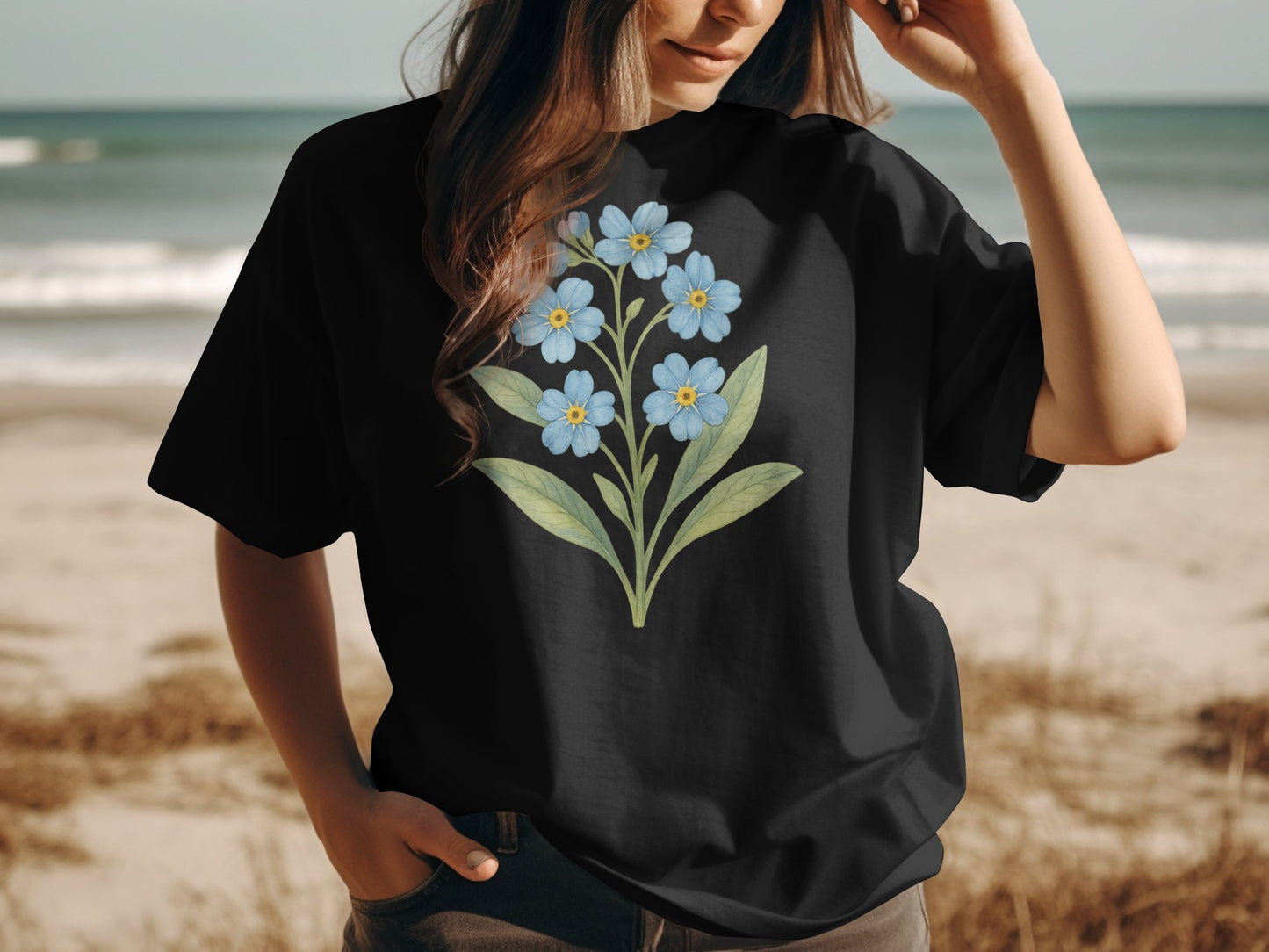 Blue and Yellow Floral Design Beach T-shirt product type