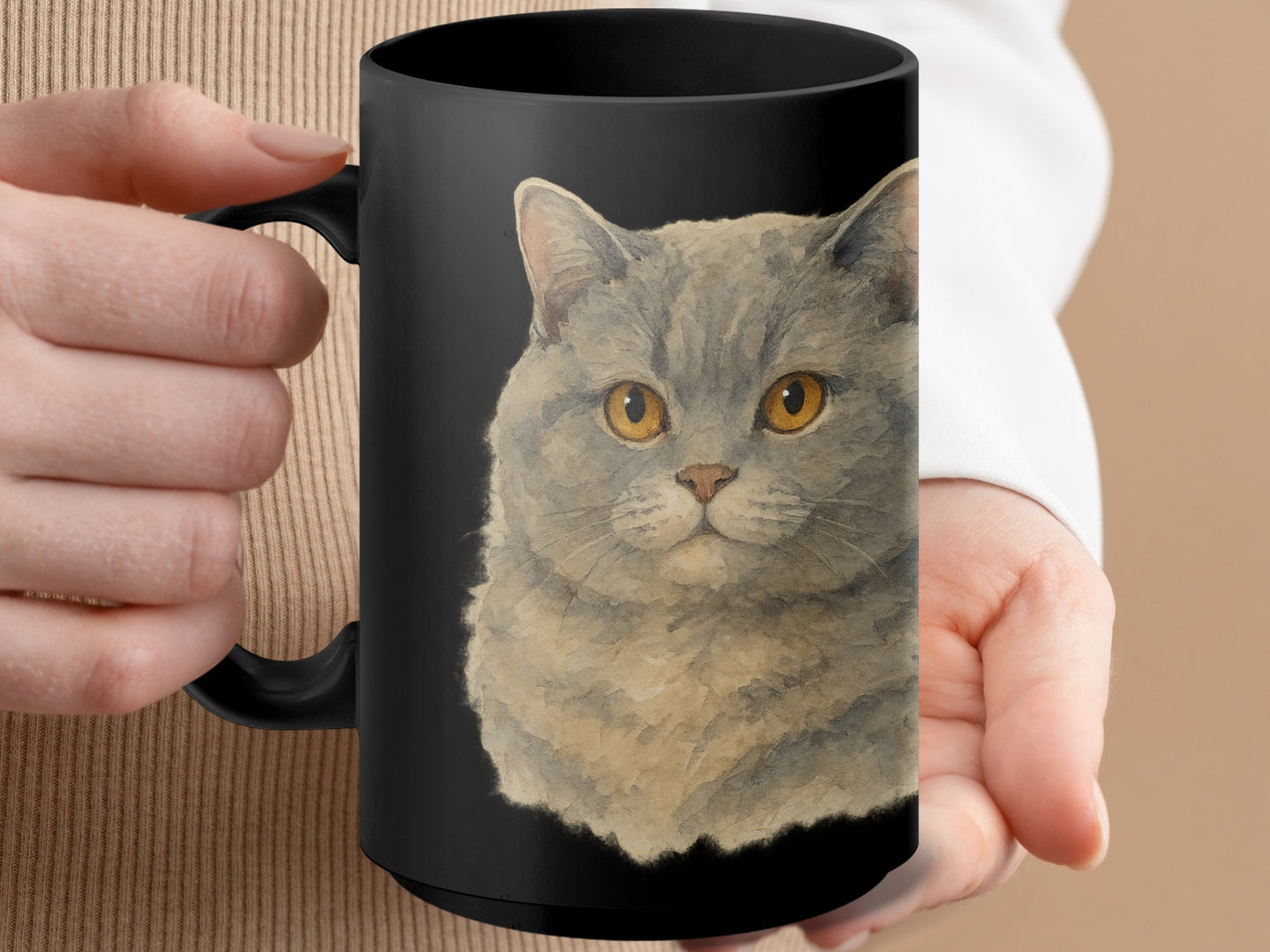 Cute Gray Cat Design on a Black Coffee Mug product