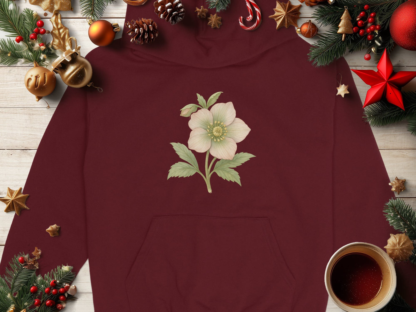 Christmas Floral Design Burgundy Hoodie product