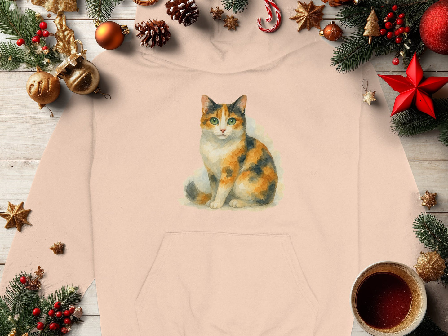 Cozy Festive Cat Print Hoodie Perfect for Holidays product