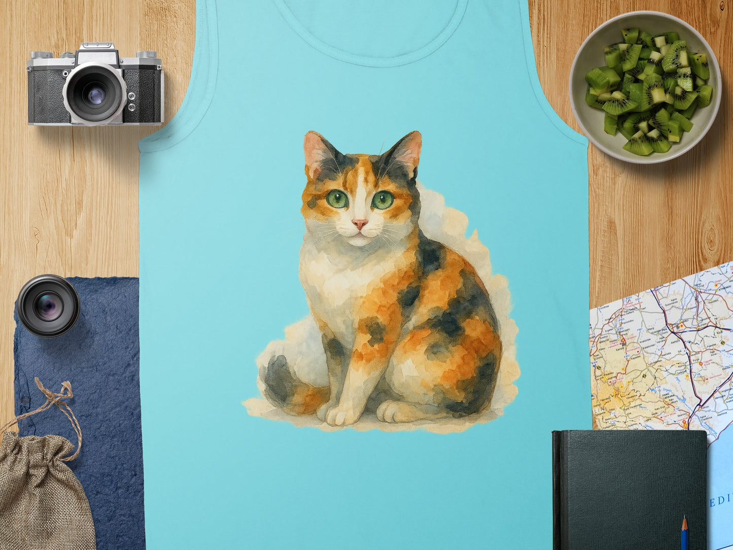 Cat Artwork Design on Blue Sleeveless Shirt product type