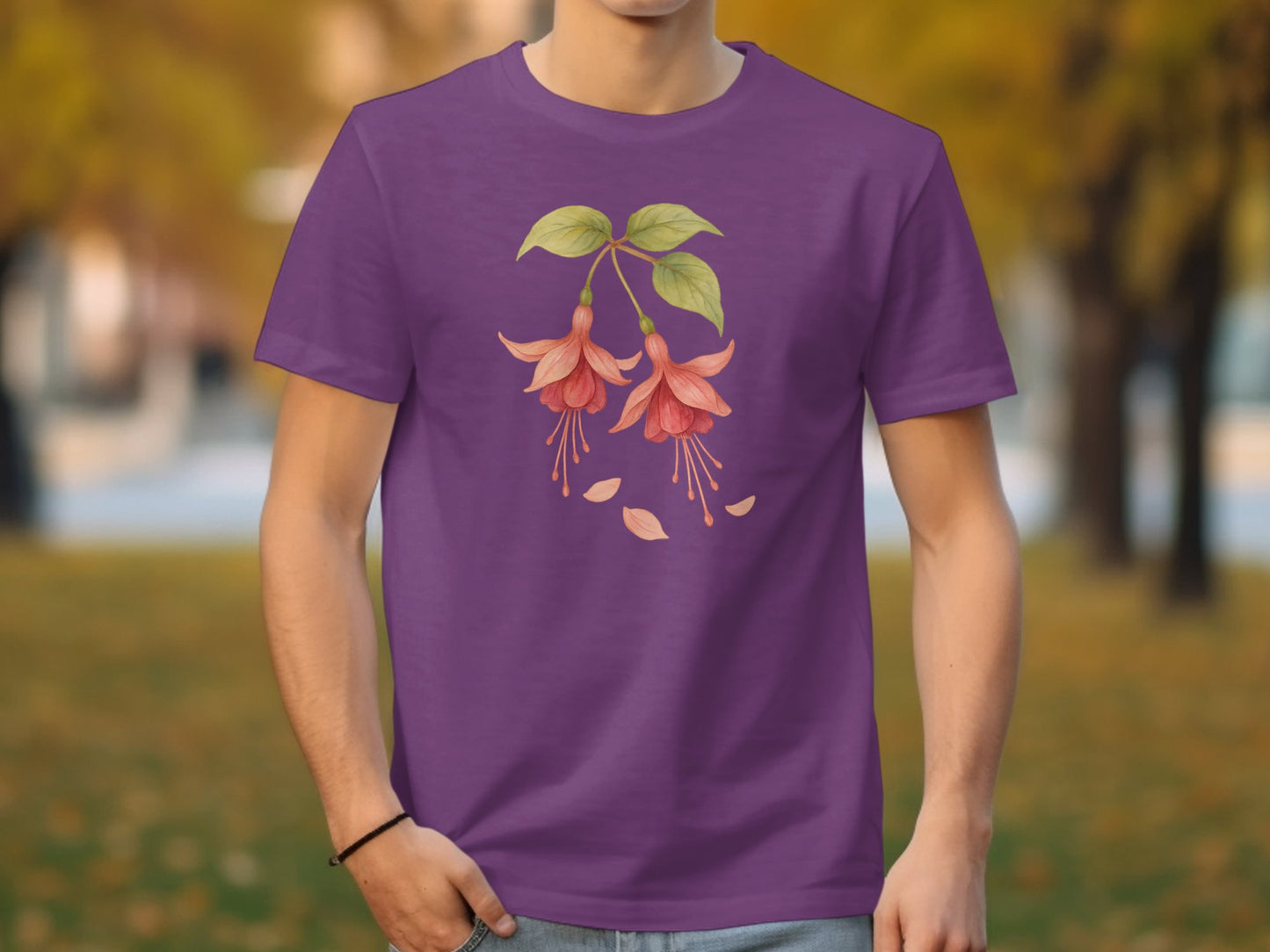 Fuchsia Blossom Printed Design on Purple T-shirt product