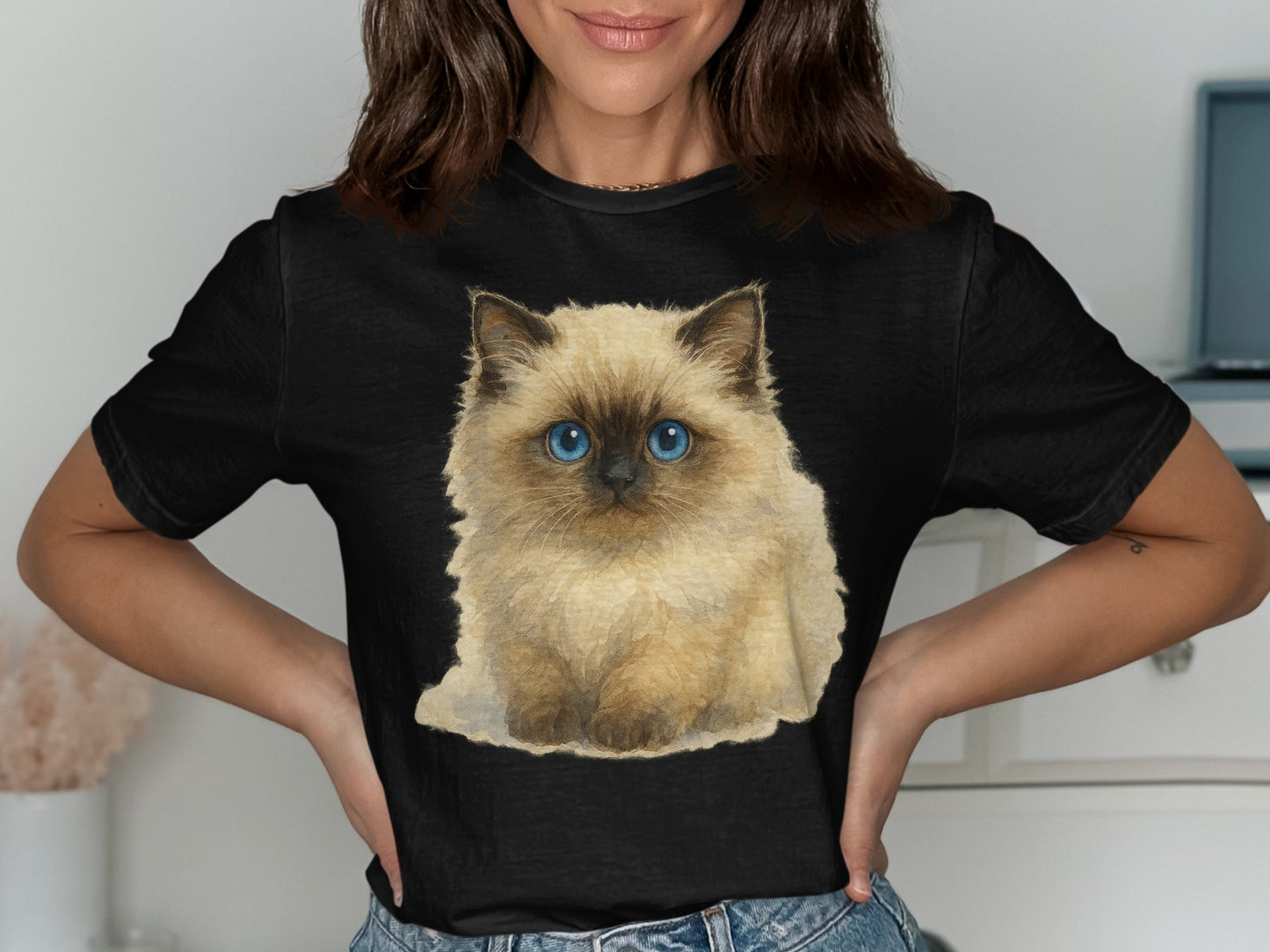 Fluffy Blue Eyed Kitten Print Black Tee Shirt product type