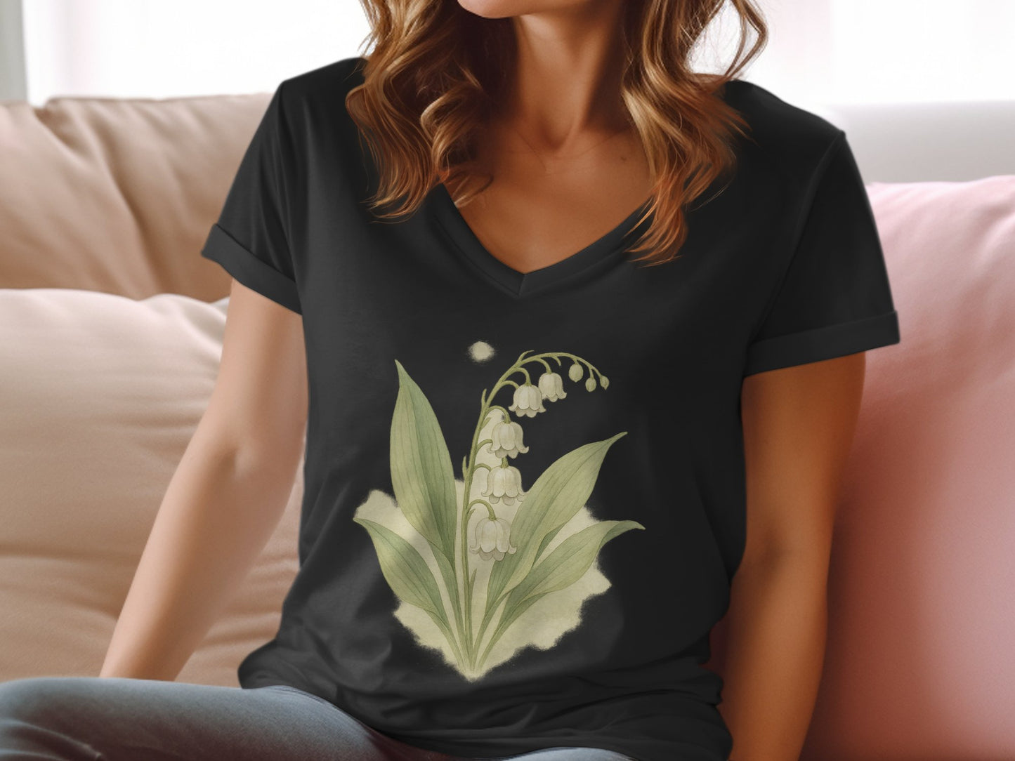 Elegant Lily of the Valley Design on Black T-shirt Product