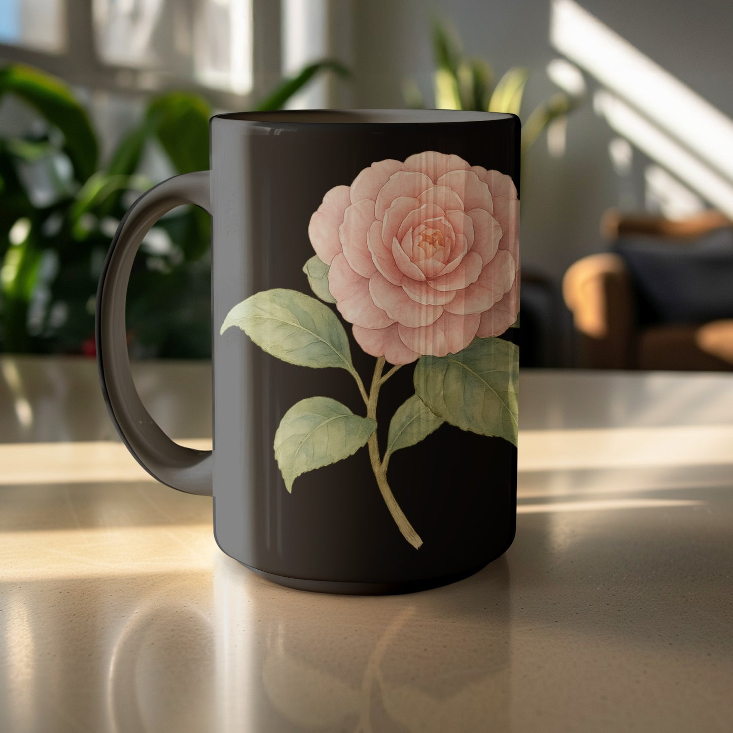 Elegant Black Mug with Pink Flower Design product type