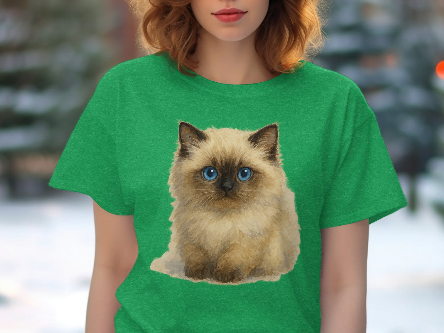 Cute Fluffy Kitten Design Green Color Shirt product