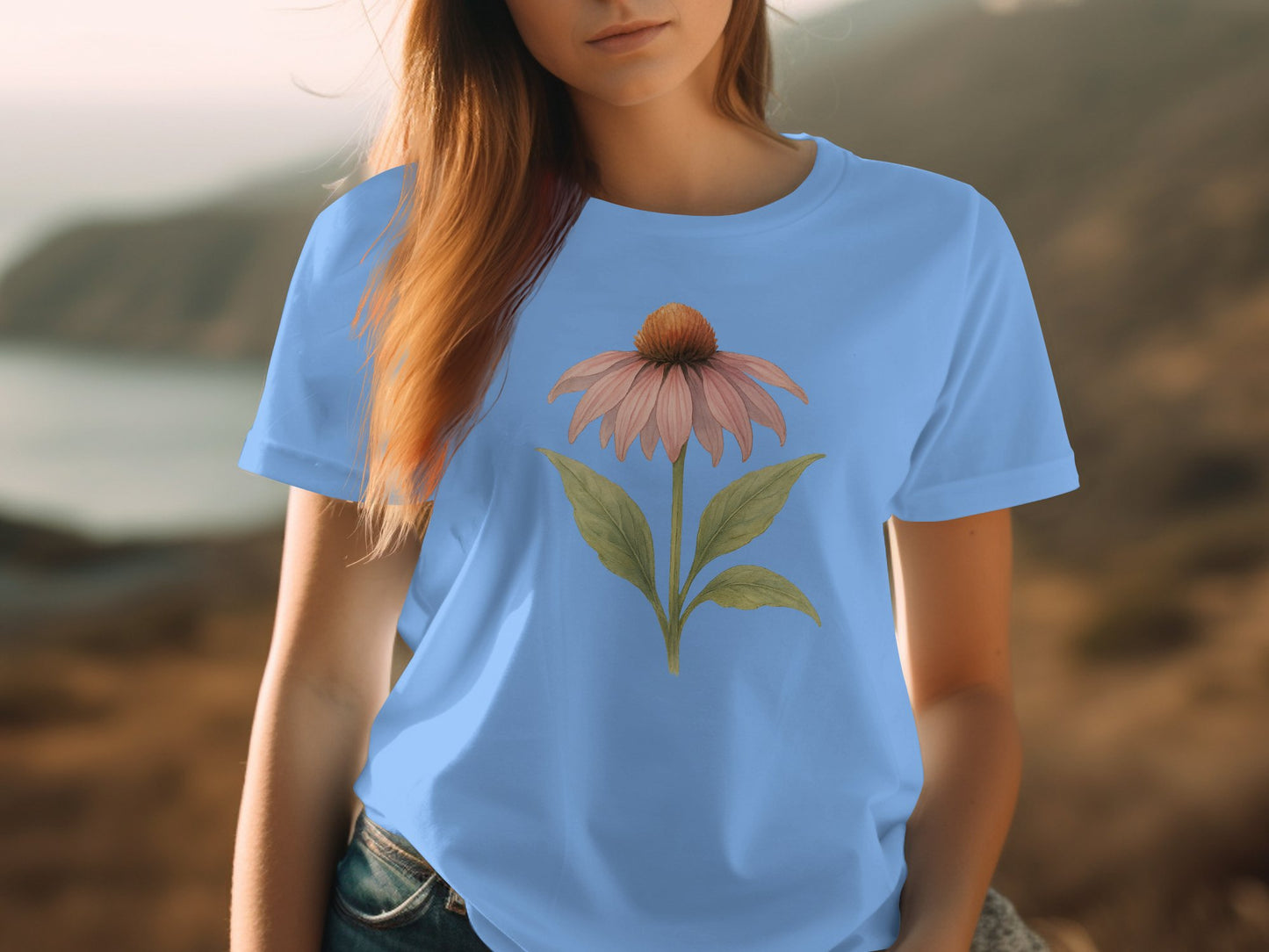 Beautiful Light Blue T-Shirt with Pink Flower Product Type
