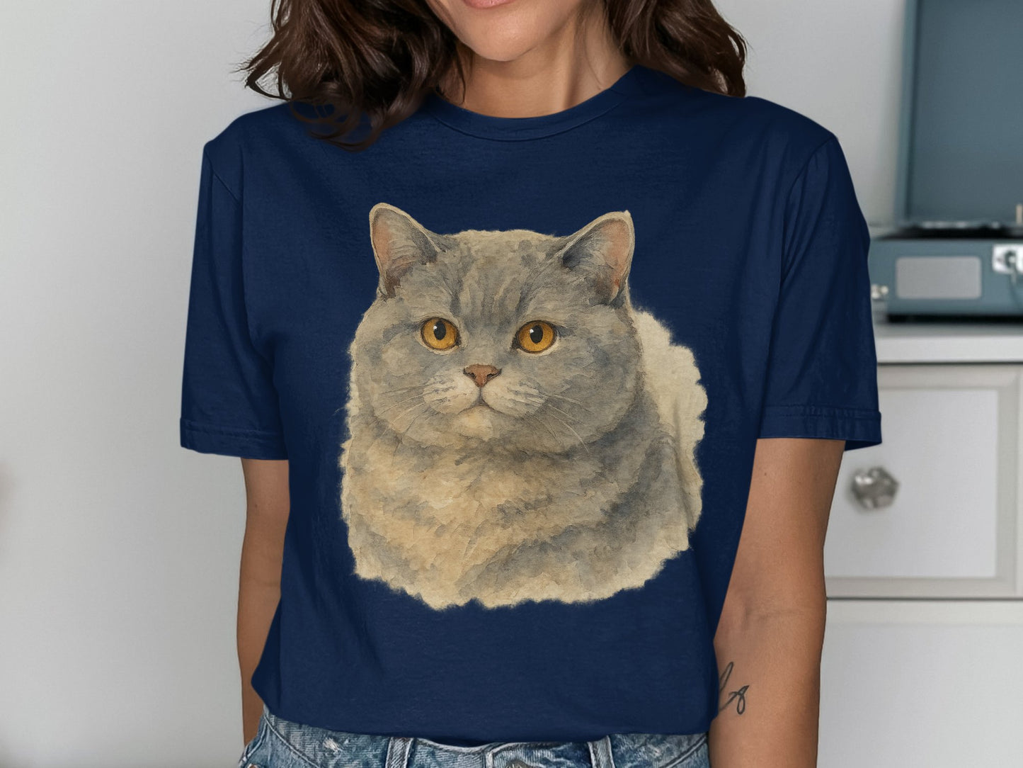 Cute Gray Cat Graphic on Dark Blue T-Shirt product