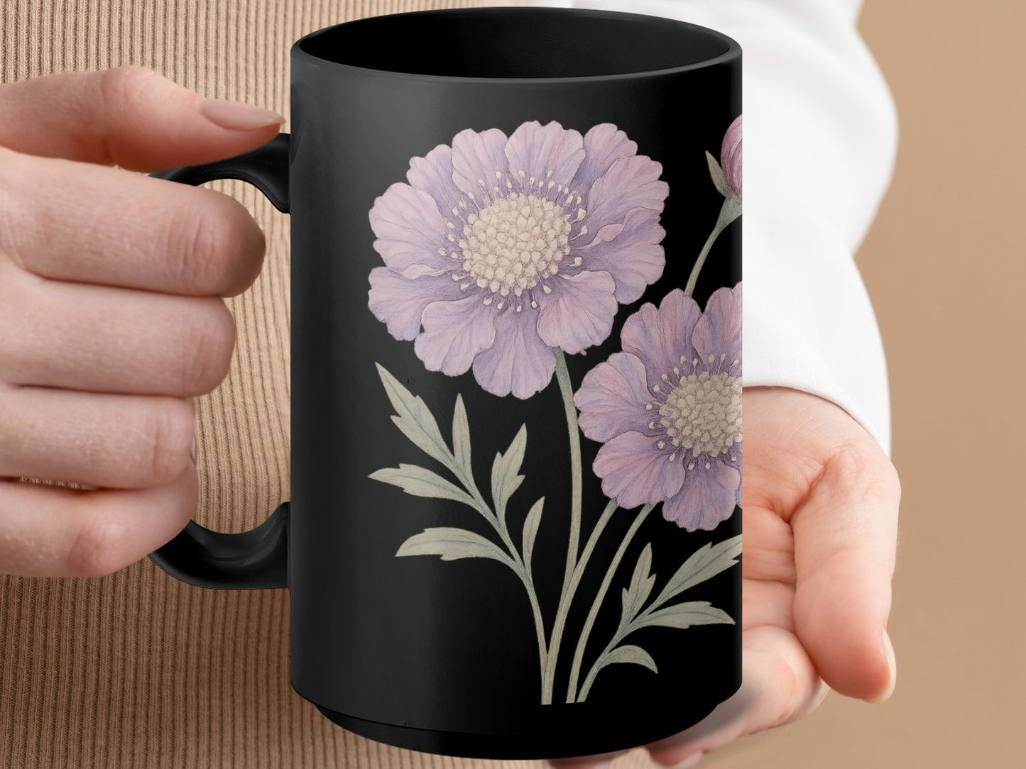 Purple Flower Design on Black Ceramic Mug product
