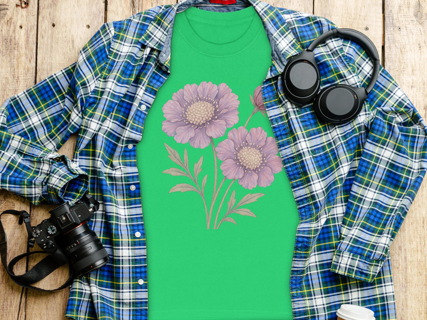 Floral Graphic Green Shirt with Lavender Blooms product
