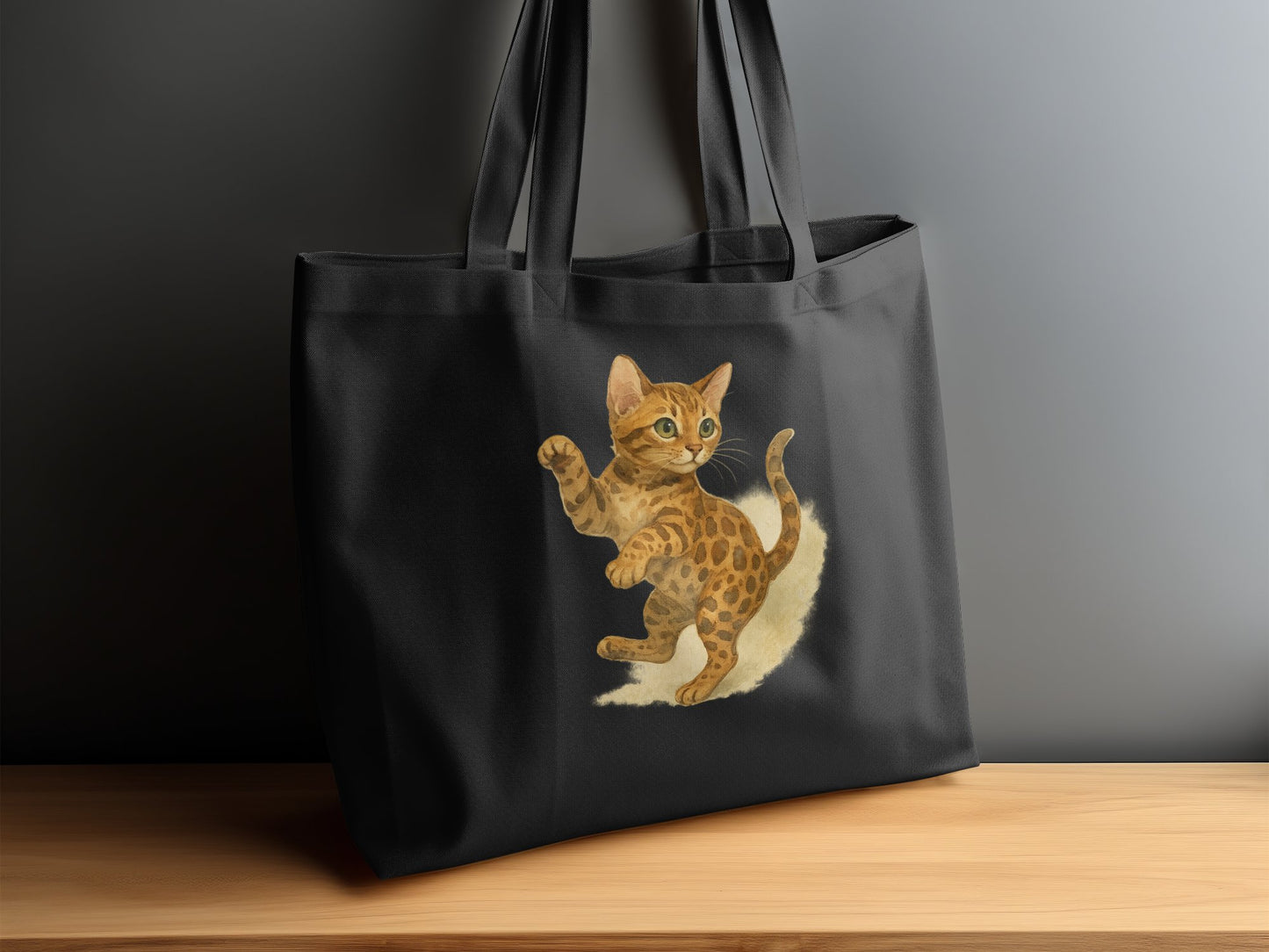 Cute Playful Kitten Design on a Black Tote Bag Product