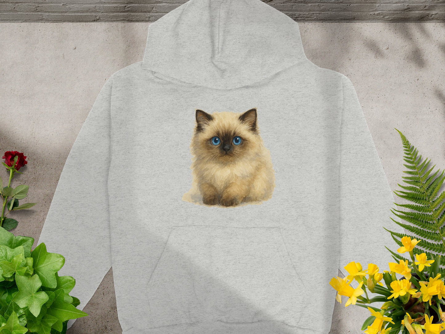 Gray Hoodie With Blue Eyed Siamese Cat Print product