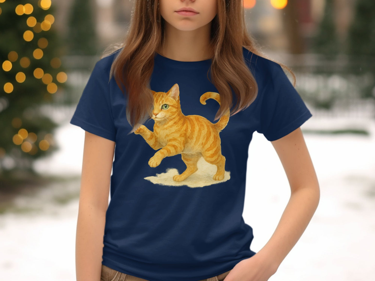 Playful Orange Cat Illustration on Blue T-shirt product