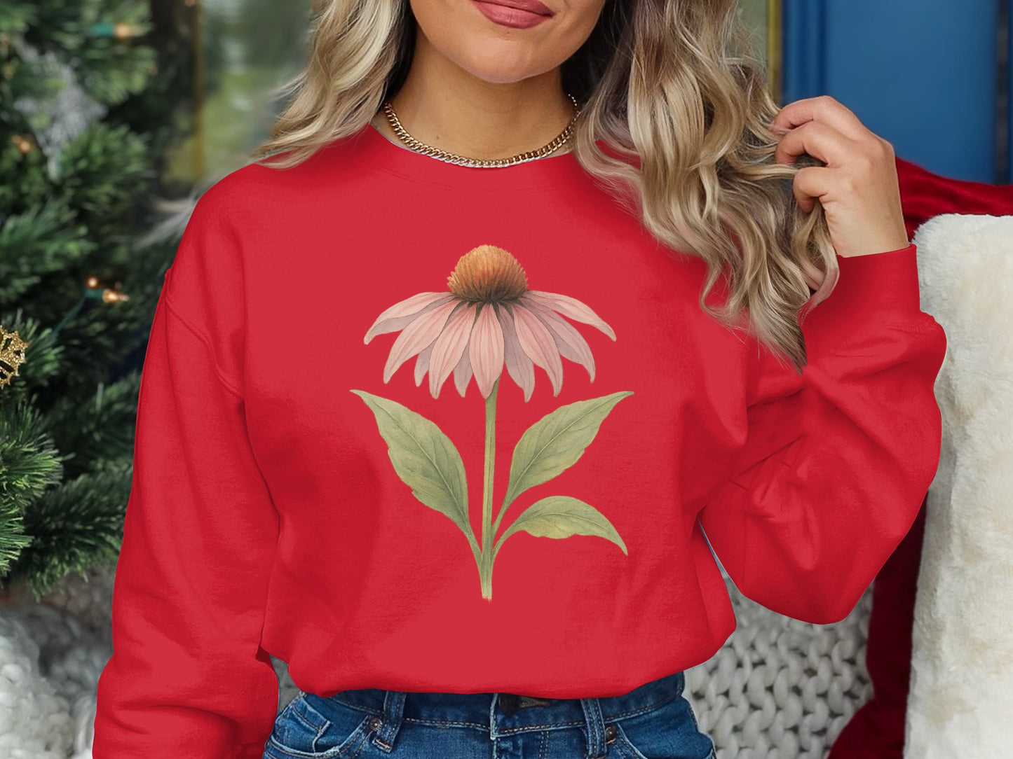 Cozy Red Sweatshirt Featuring Beautiful Botanical Print product