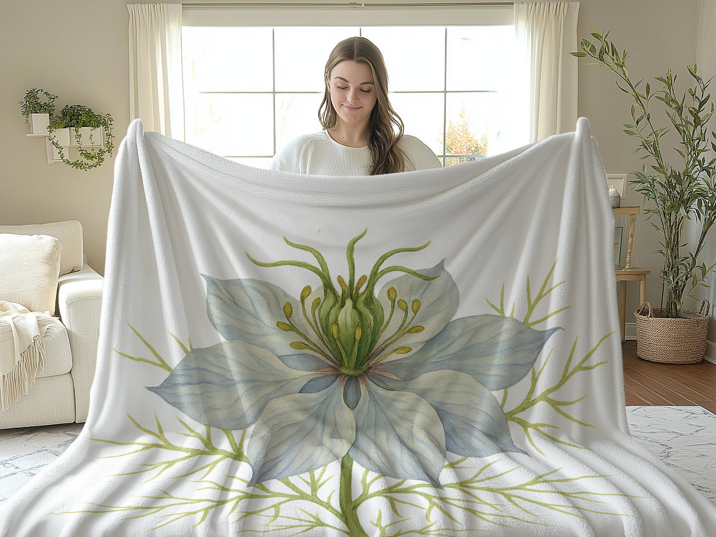 Large floral art print design white cozy blanket product