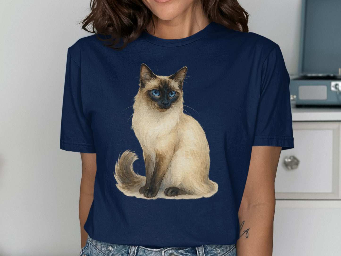 Siamese Cat Graphic Design on Blue T-Shirt product