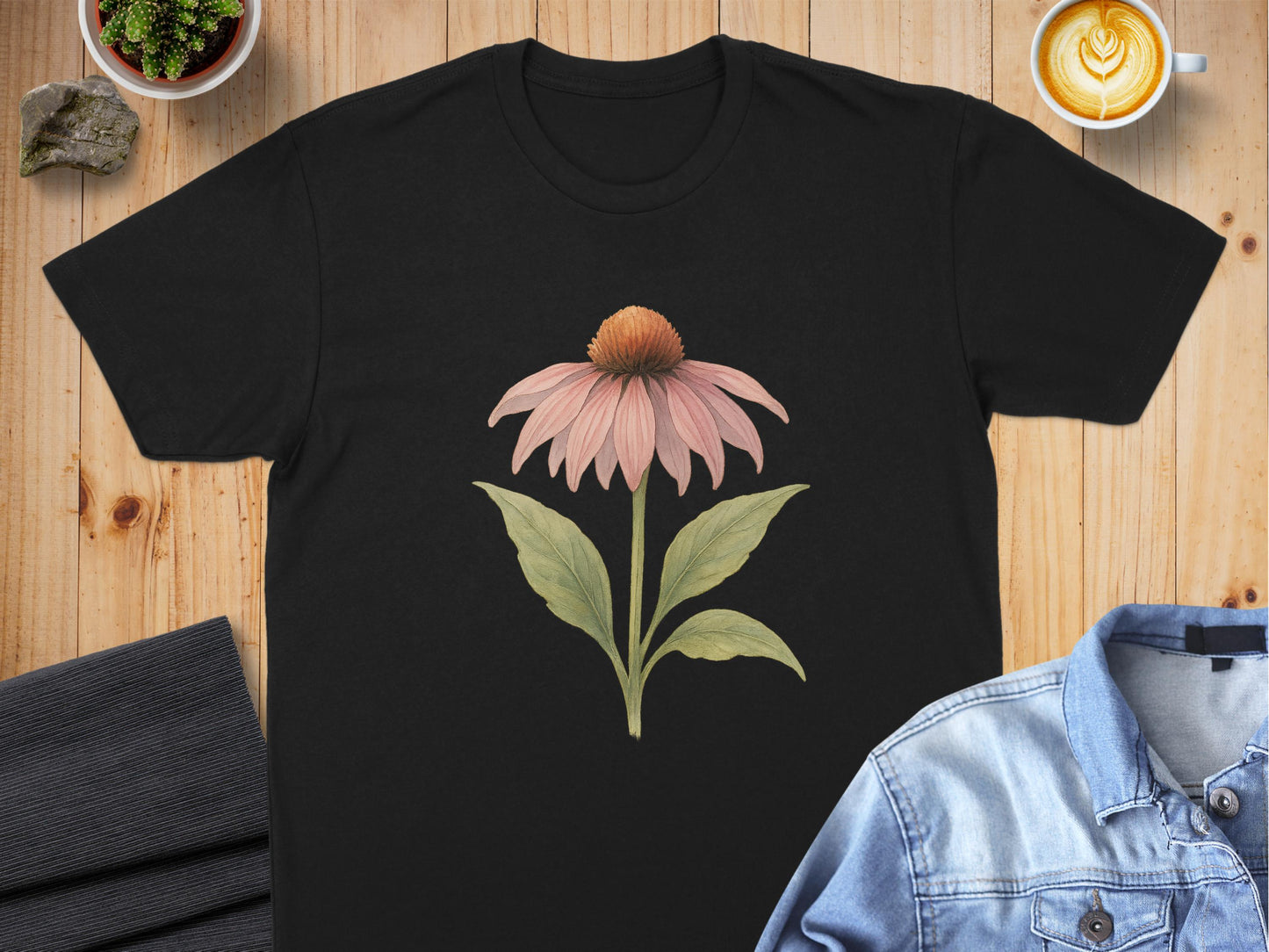 Vintage Pink Flower Illustration Black Shirt product