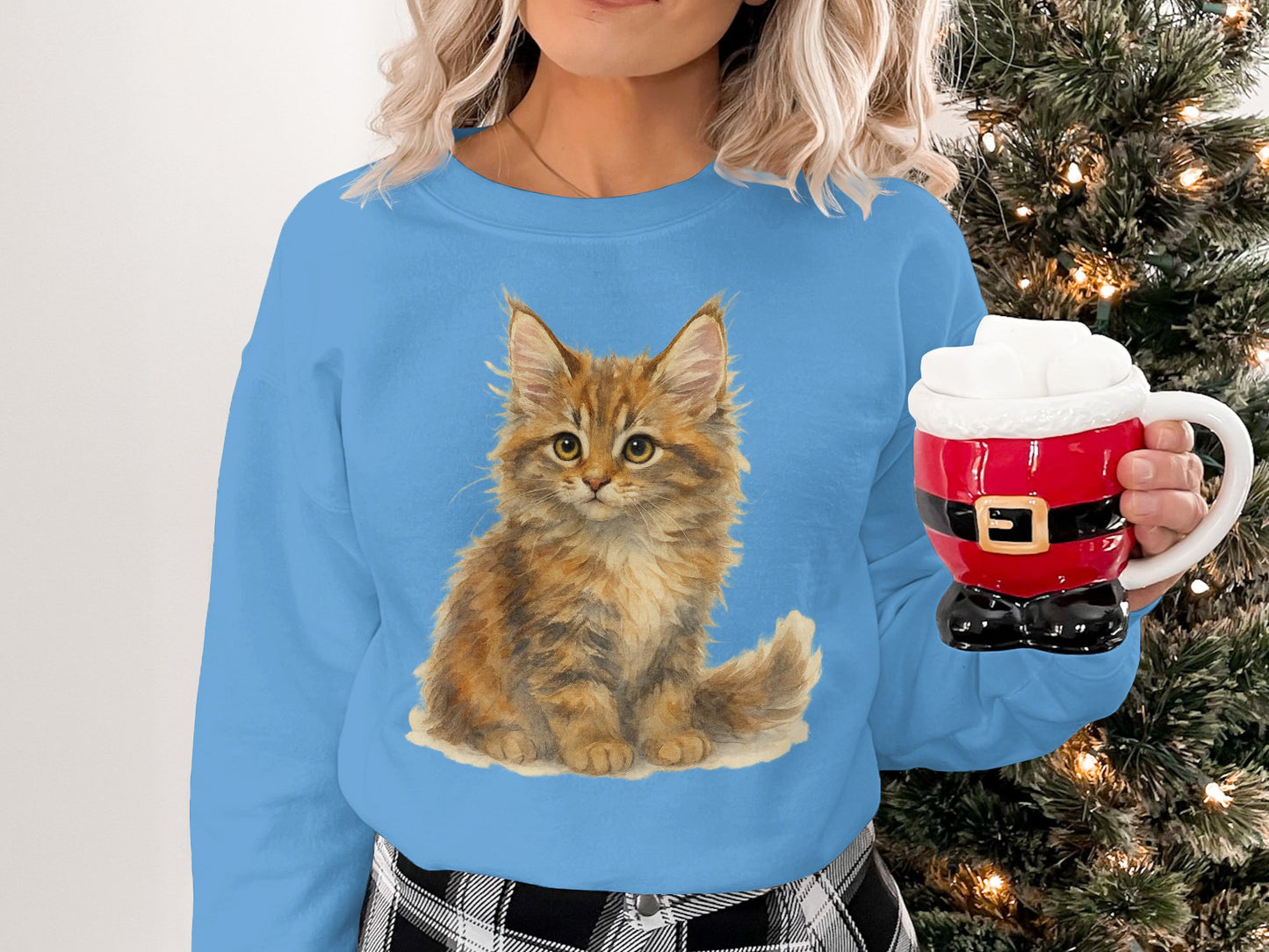 Cute Kitten Illustration on Blue Long Sleeve product type