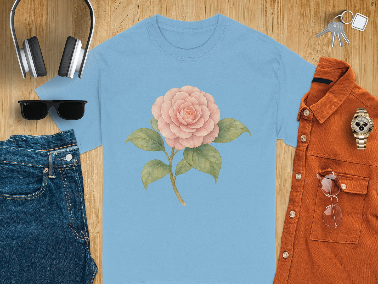 Floral Pink Rose Graphic Light Blue T-Shirt product
