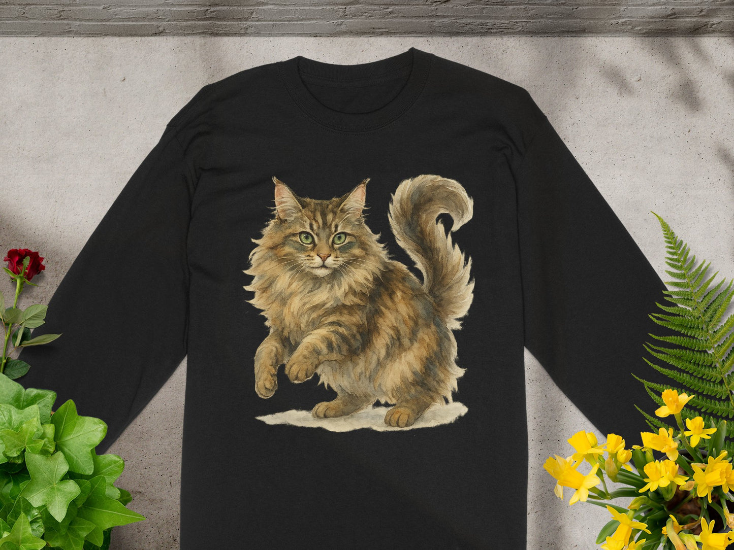 Fluffy Cat Graphic Long Sleeve Black Shirt product type