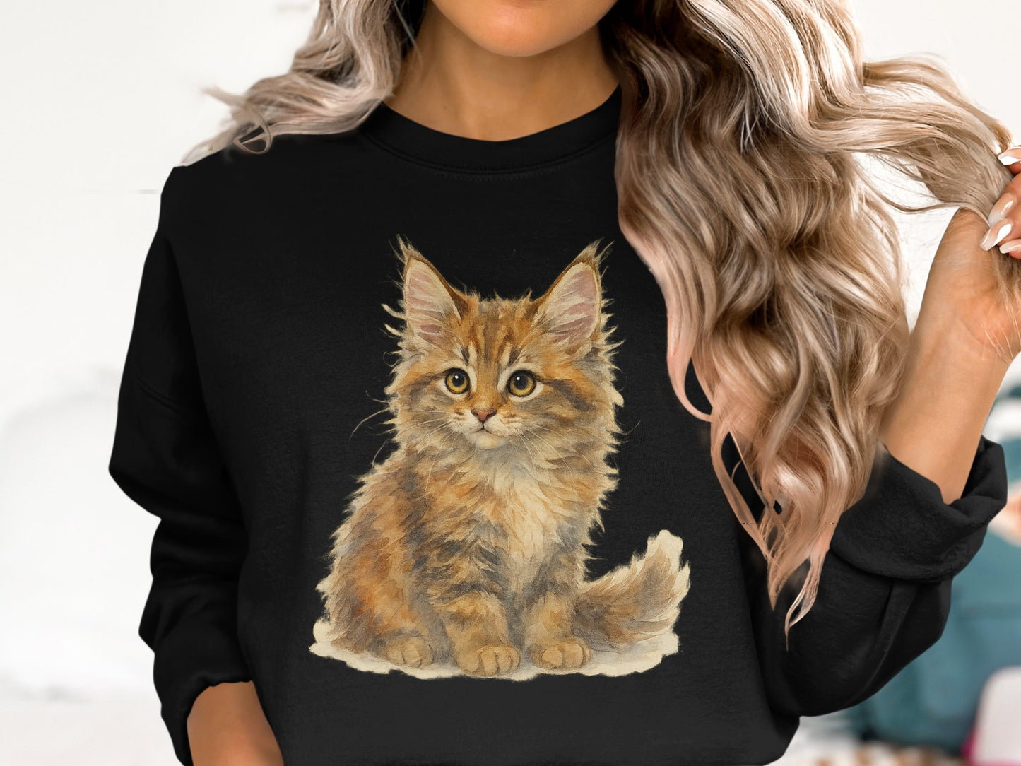 Cute Fluffy Kitten Print Black Sweatshirt product